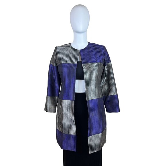 Chico’s Purple & Silver Colorblock Womens Open Front Jacket 3/4 Sleeve Sz 2 - Picture 1 of 11